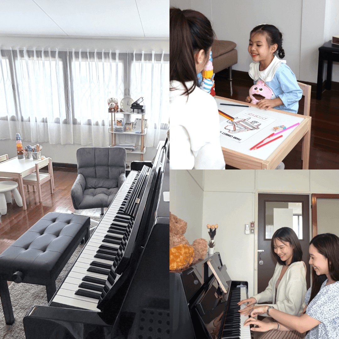 Three moments at A Pianist Piano — the lesson room, a Little Pianist activity, and a Piano for Relax duet